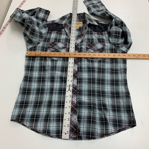 Cowgirl Legend Shirt Women L Large Gray Pink Lace Panel Plaid Pearl Snap Western - Picture 8 of 12